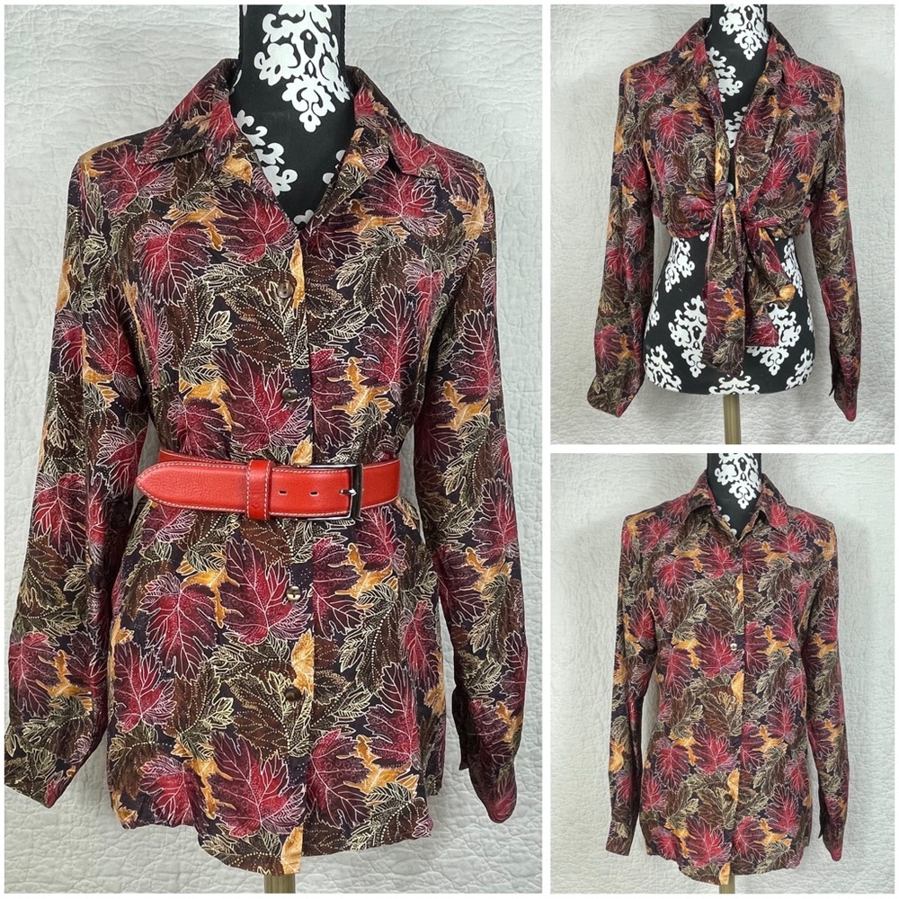 🔥Vintage Willow Ridge Silk Button Up Leaves Print Long Sleeve Shirt Bohemian